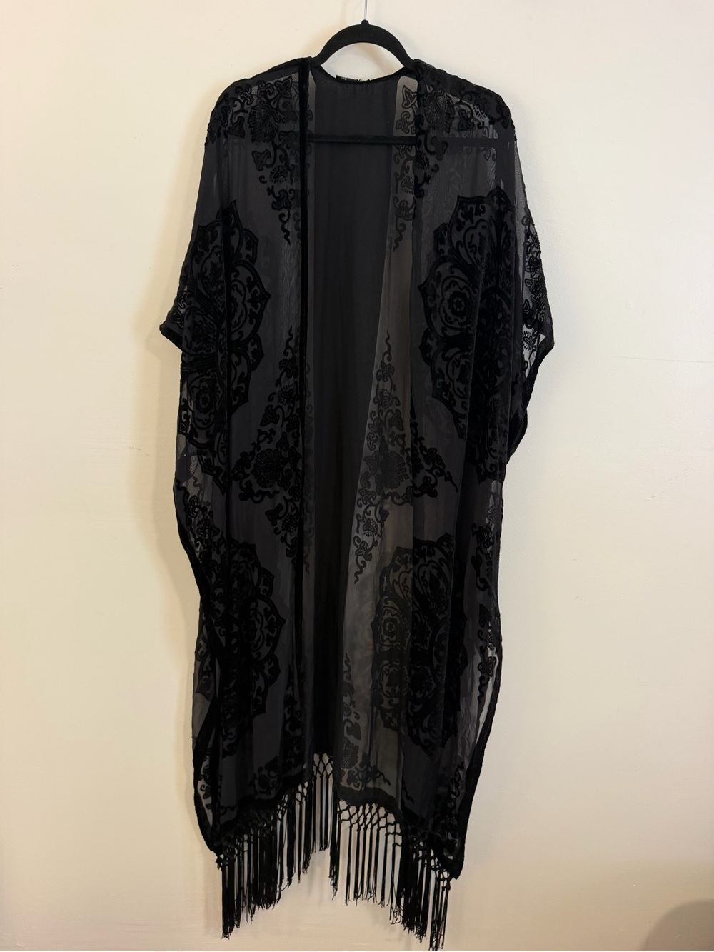 torrid Black Sheer Velvet Burnout Kimono with Fringe Trim
